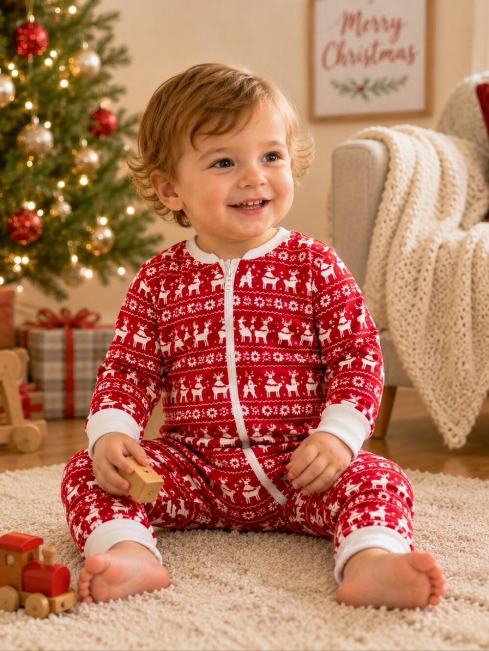 Kissy Kissy Red Christmas Reindeer Zip Footedless Pajama Onesie 18–24M Holiday
